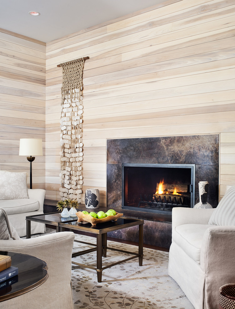 This is an example of a transitional living room in Austin with a standard fireplace and a stone fireplace surround.