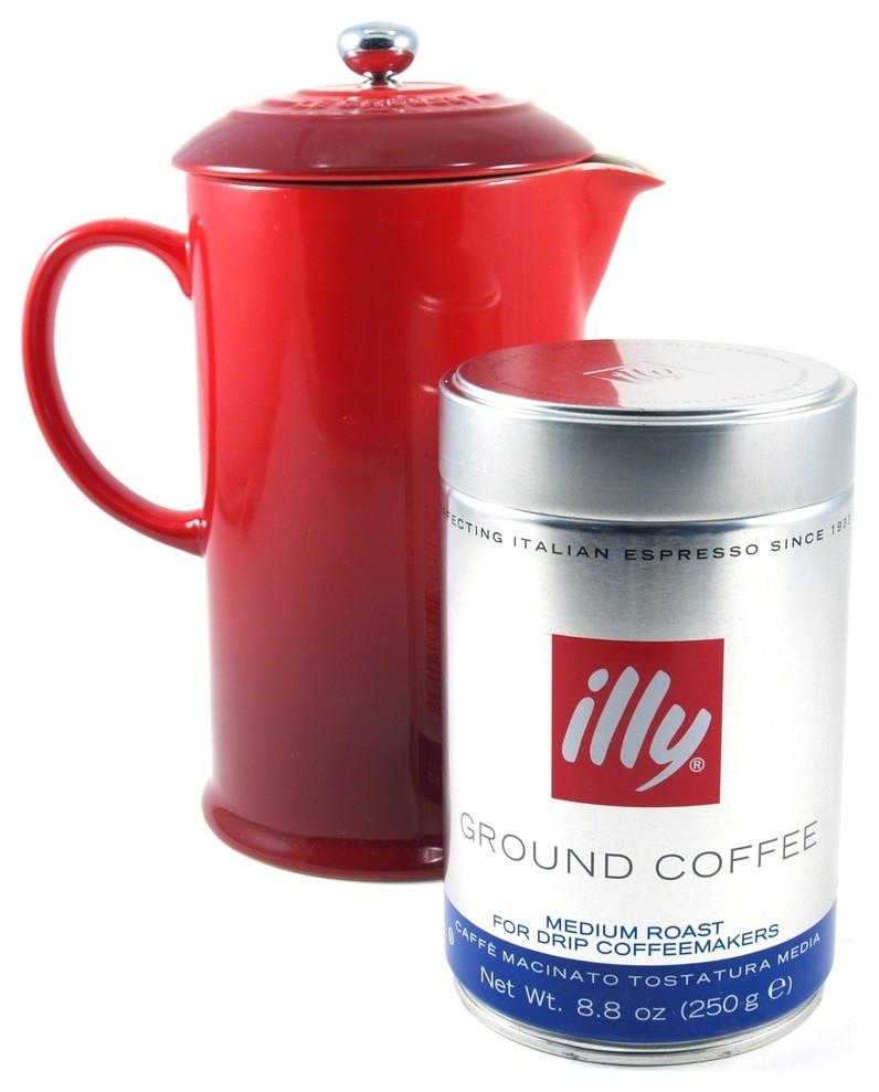 Le Creuset Cherry Stoneware 1 Quart French Press with Illy Ground
