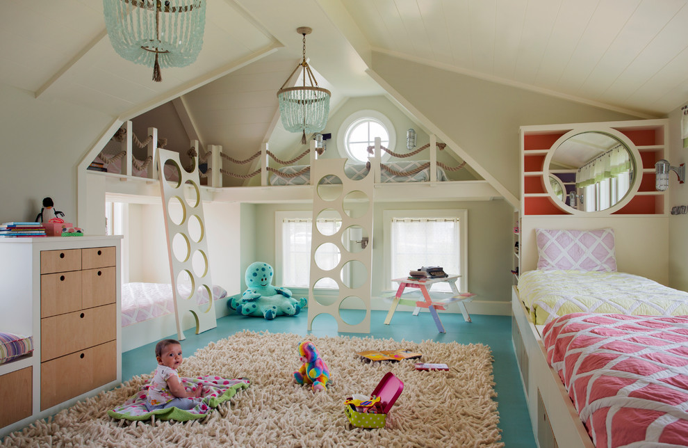 This is an example of a large beach style gender-neutral kids' bedroom for kids 4-10 years old in Providence with turquoise floor and grey walls.