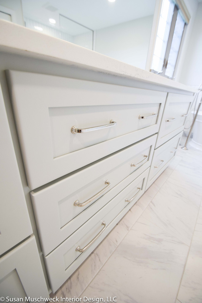 Inspiration for a large transitional master white tile and ceramic tile porcelain tile, white floor and double-sink freestanding bathtub remodel with shaker cabinets, gray cabinets, a two-piece toilet, white walls, an undermount sink, quartz countertops, a hinged shower door, white countertops and a built-in vanity