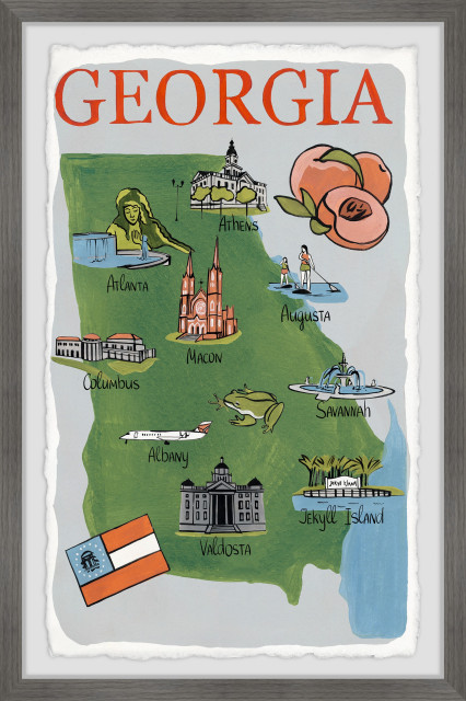 "Illustrated Map of Georgia, The Peach State" Framed Painting Print 