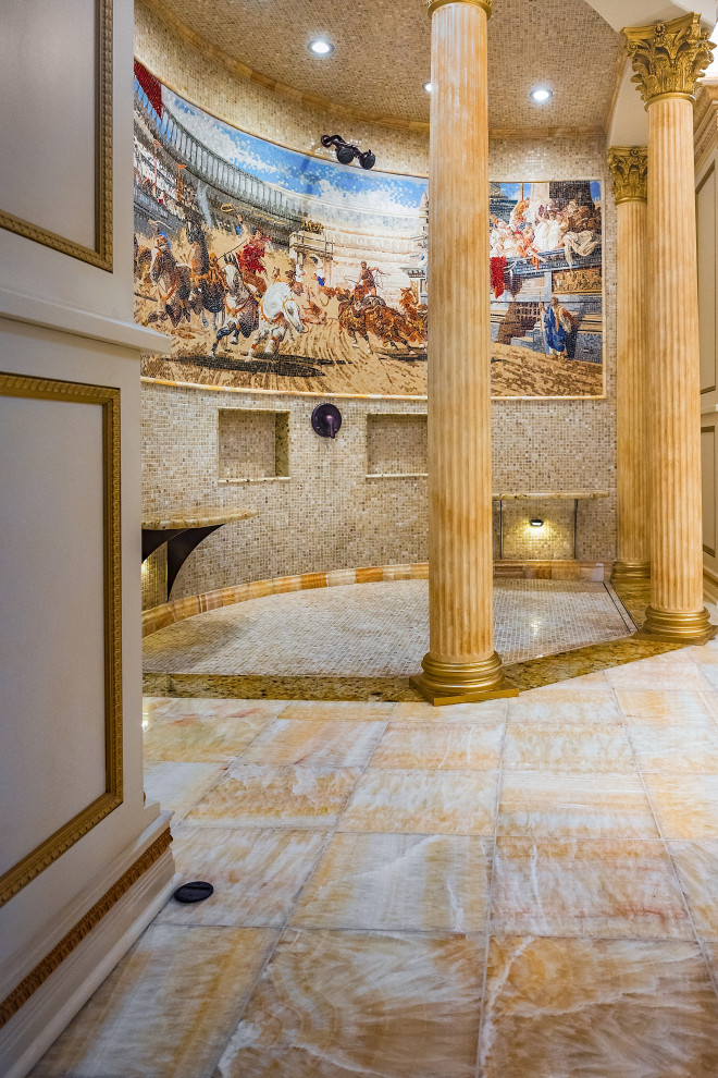 Idee per una grande stanza da bagno padronale stile americano con panca da doccia