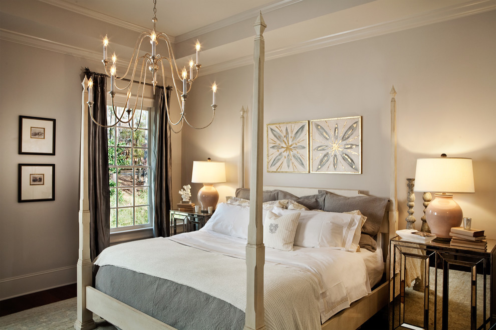 Inspiration for a transitional master bedroom in Charlotte with grey walls.