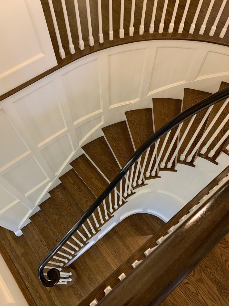 Inspiration for a large transitional wood curved staircase in Boston with painted wood risers and wood railing.