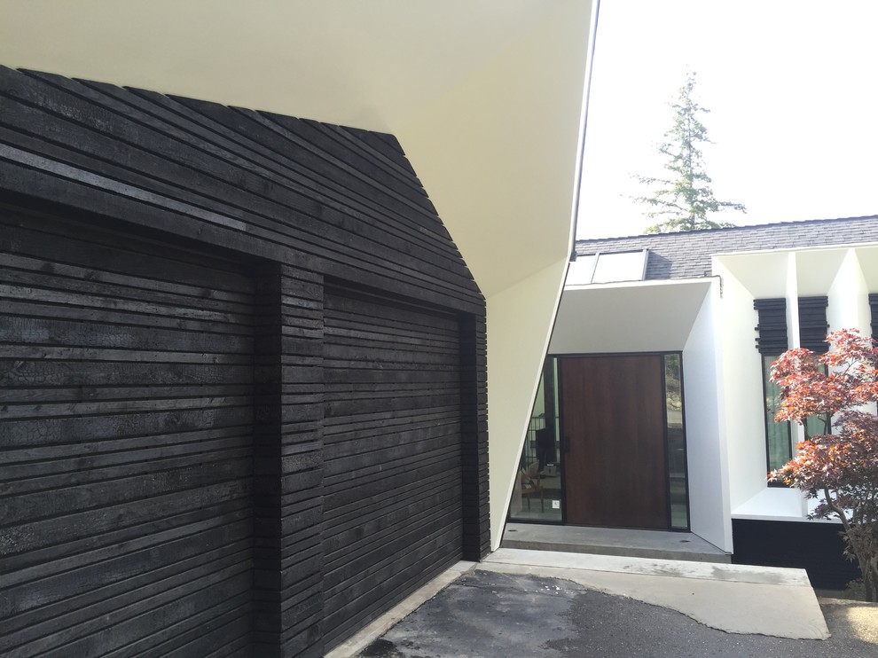 Large modern front door in Toronto with black walls, concrete floors, a pivot front door and a brown front door.