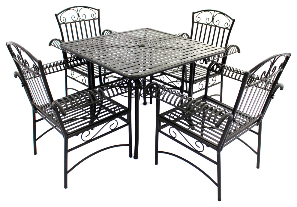 5Piece French Quarter Outdoor Dining Set, Black Steel Mediterranean Outdoor Dining Sets