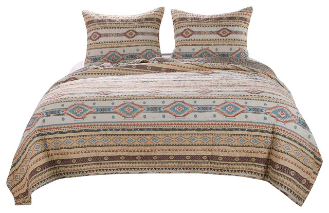 Benzara BM218908 Full Size 3 Piece Polyester Quilt Set with Kilim Pattern