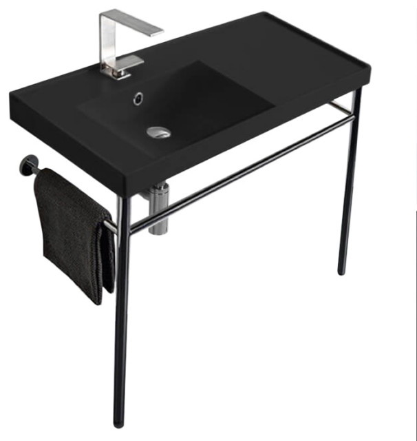 Matte Black Ceramic Console Sink and Polished Chrome Stand Contemporary Bathroom Sinks by