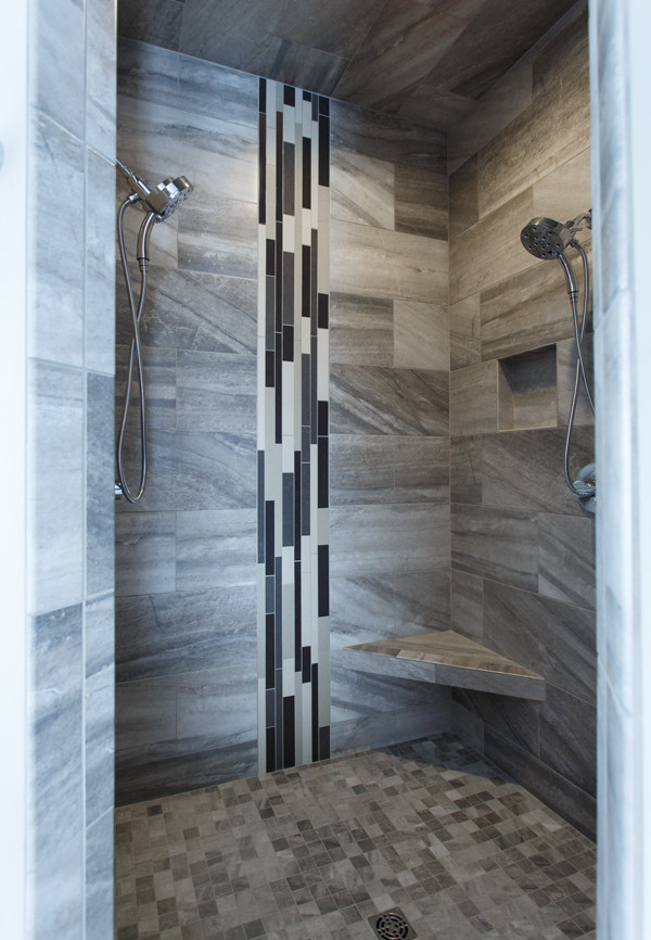 Inspiration for a transitional master bathroom in Other with an alcove shower, multi-coloured tile, ceramic tile, ceramic floors, grey floor and an open shower.
