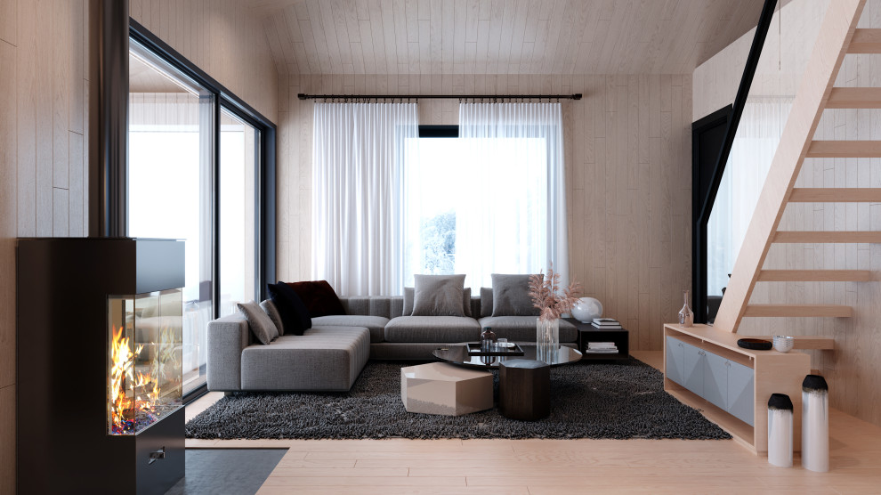 Danish open concept light wood floor, beige floor, wood ceiling and wood wall family room photo in Gothenburg with beige walls, a ribbon fireplace and a metal fireplace