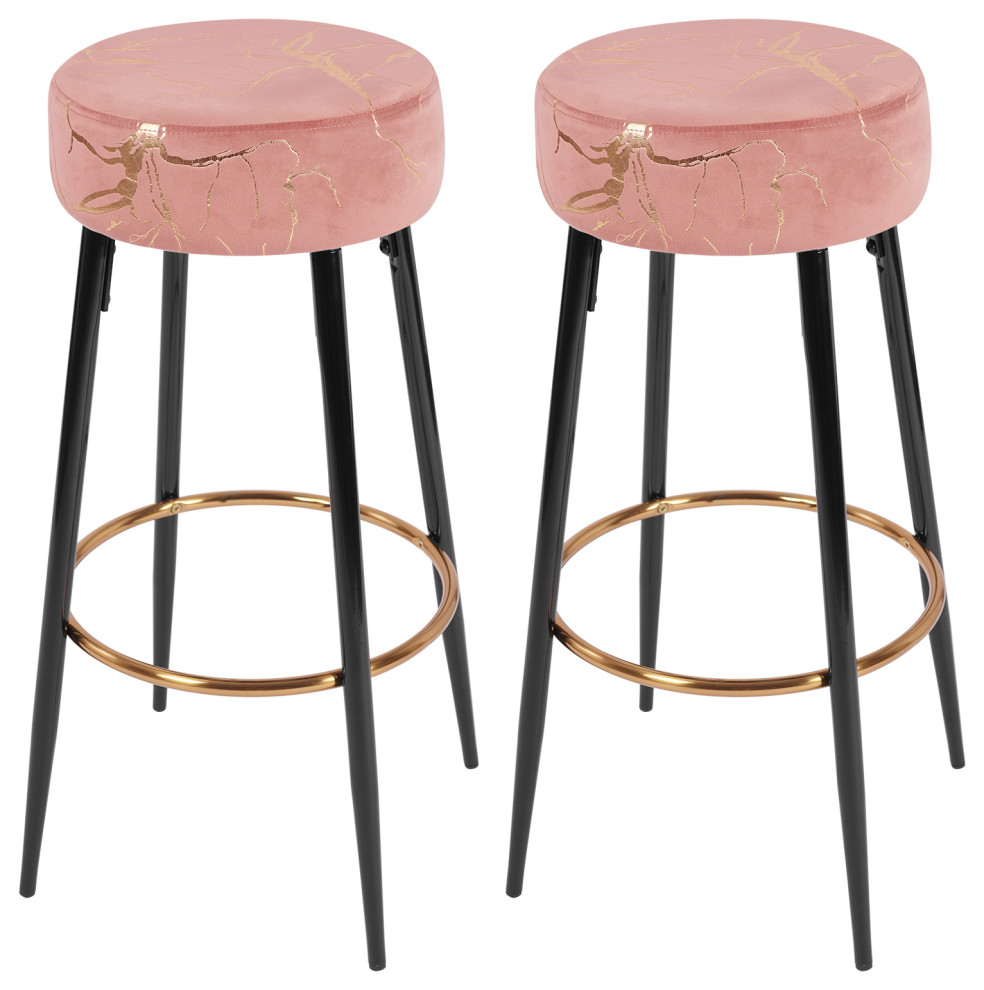 Set of 2 Round Hot Stamped Velvet Bar Stools Midcentury Bar Stools