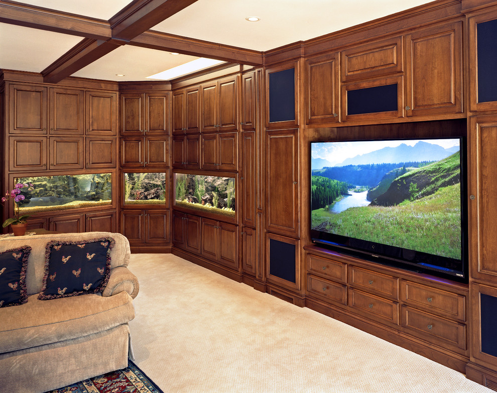 Large traditional enclosed home theatre in San Francisco with brown walls, carpet and a built-in media wall.