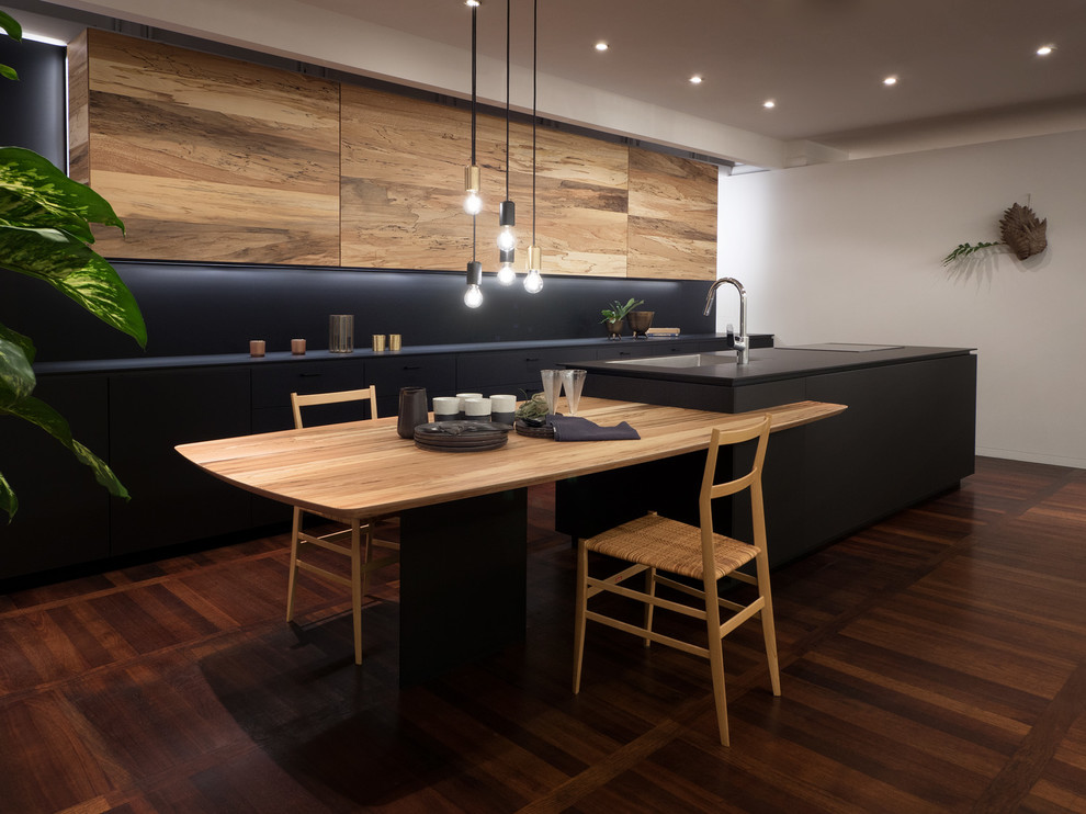 Design ideas for an asian dining room in Osaka with brown floor, white walls and dark hardwood floors.
