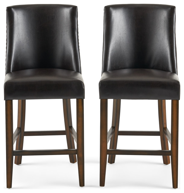 GDF Studio Rydel Nailhead Accent Brown Leather Stools, Set of 2