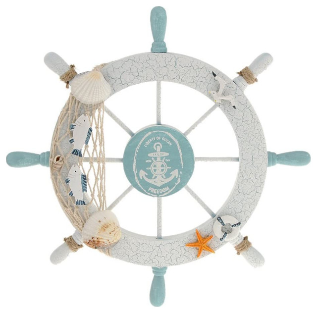 Nautical Beach Wooden Boat Ship Steering Wheel Fishing Net Shell Home Wall Decor