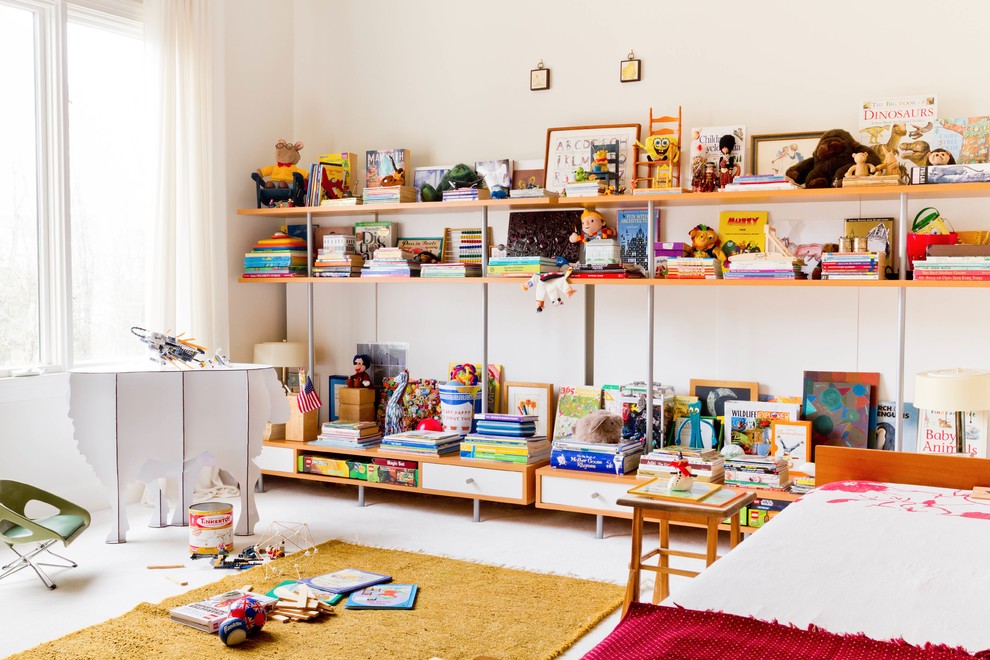 Inspiration for a contemporary gender-neutral kids' bedroom for kids 4-10 years old in DC Metro with white walls.
