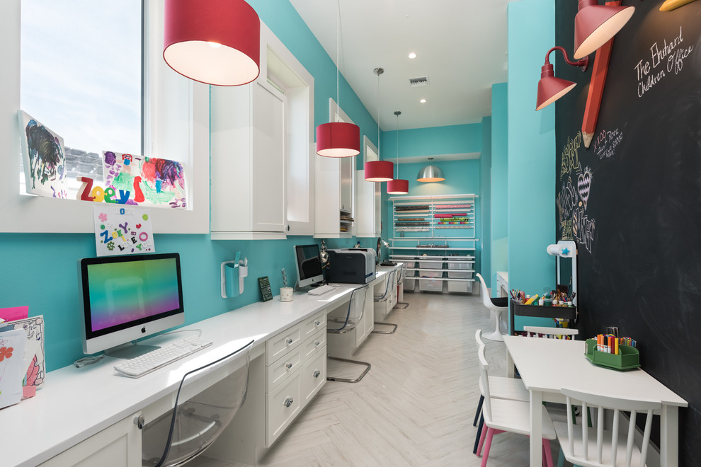 Transitional home office in Orlando with blue walls, painted wood floors and white floor.