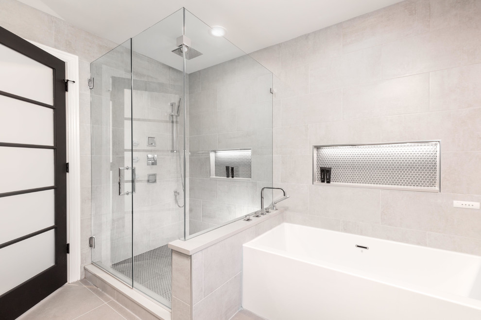 Inspiration for a large modern master bathroom in Detroit with flat-panel cabinets, dark wood cabinets, an alcove tub, a corner shower, gray tile, cement tile, an undermount sink, engineered quartz benchtops, a hinged shower door, white benchtops, grey walls, ceramic floors and grey floor.