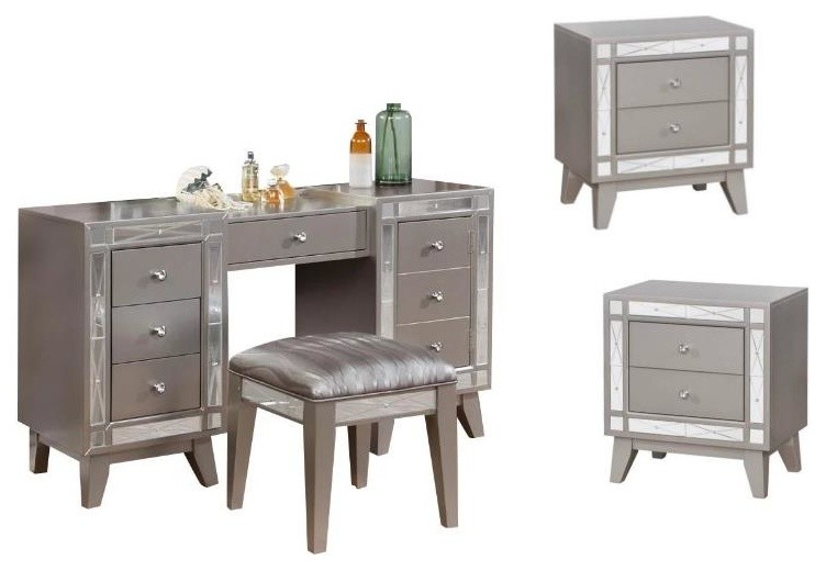 Coaster 4PC Vanity with Stool and Set of 2 Nightstands in Silver