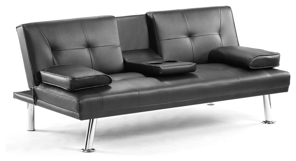 Modern Futon, Removable Padded Arms & Flip Down Cup Holders