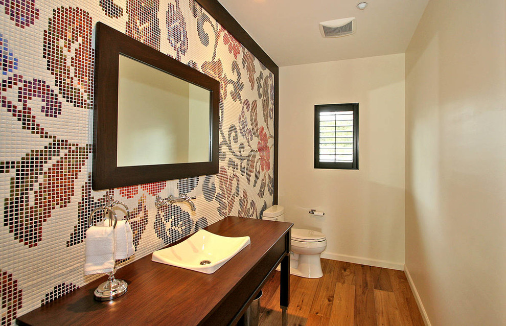 Transitional bathroom in San Diego with a vessel sink, multi-coloured tile and mosaic tile.