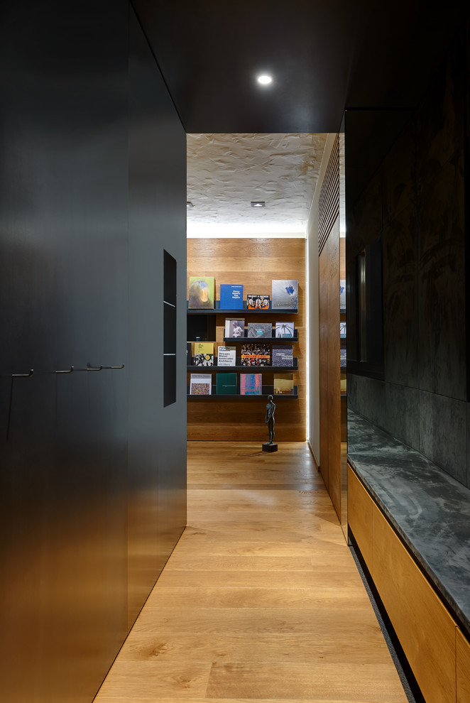 This is an example of a contemporary hallway in Other with black walls, medium hardwood floors and brown floor.