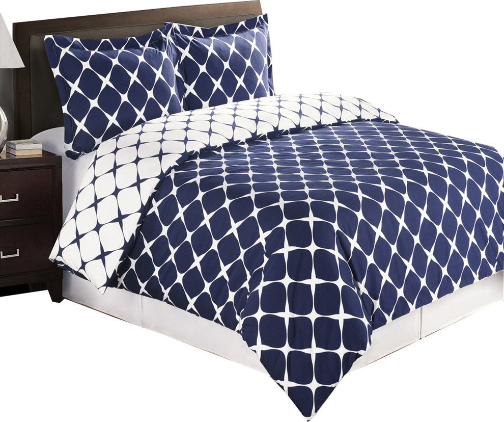 Bloomingdale Cotton Reversible Duvet Cover Set, Navy and White, King/Cal King