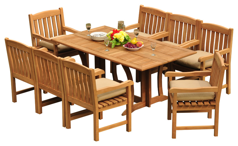 9Piece Outdoor Patio Teak Dining Set, 69" Warwick Table, 8 Devon Arm
