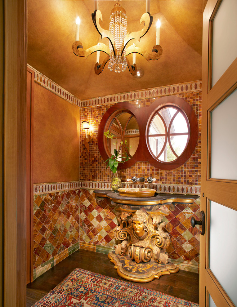 Traditional powder room in Dallas with a vessel sink and multi-coloured tile.