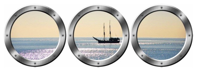 VWAQ Boat Window Decals - Portholes Decor, Ocean View Wall Mural, Silver, 24"