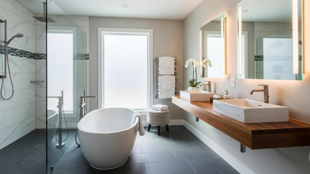 Contemporary bathroom remodel showcasing luxurious fixtures and elegant design