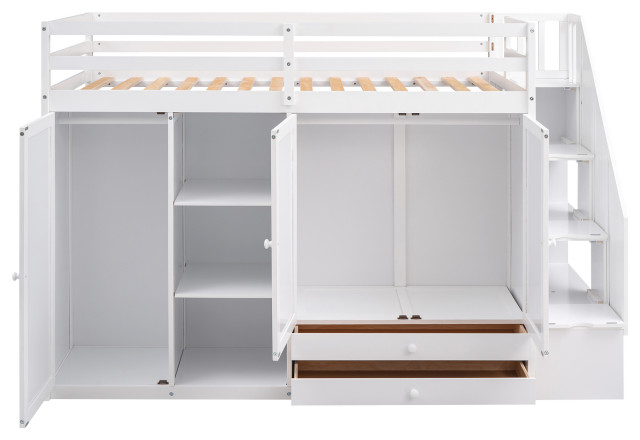 Gewnee Functional Loft Bed with 3 Shelves, 2 Wardrobes and 2 Drawers in White