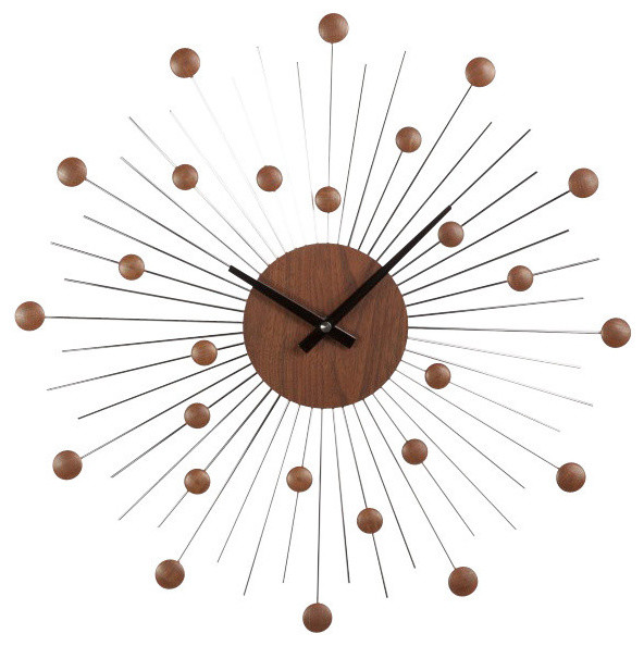 Midcentury Star Clock, Wood and Silver