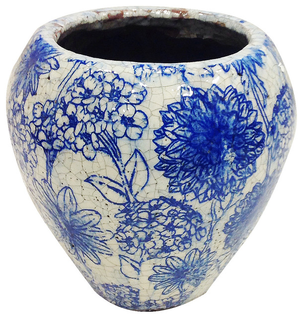 Old World Vintage Style Blue and White Ceramic Garden Pot, Short