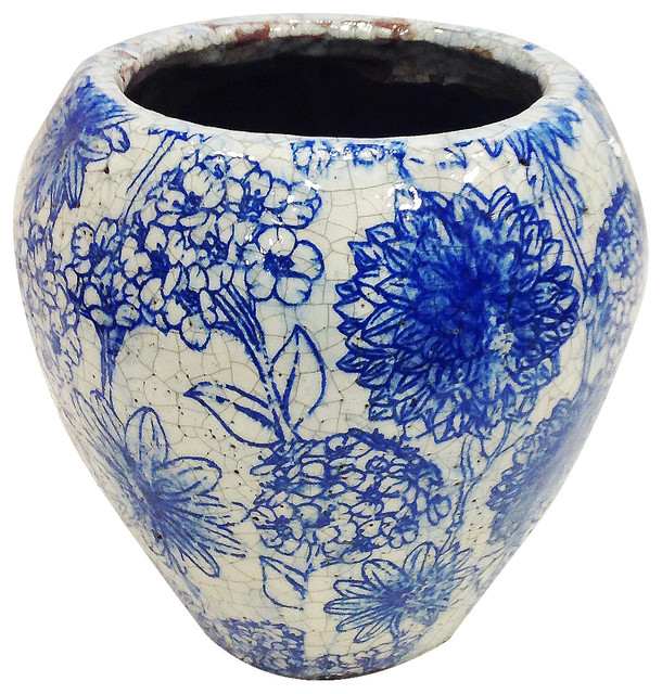 Old World Vintage Style Blue And White Ceramic Garden Pot Short Old World Vintage Style Blue And White Ceramic Garden Pot Short