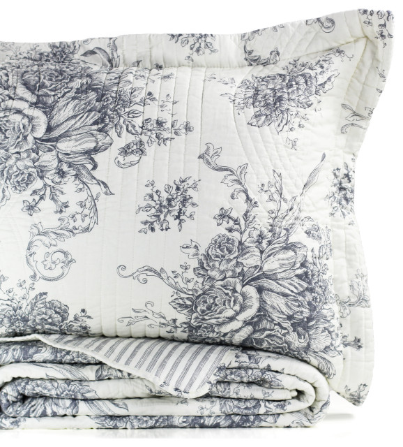 Toile Cotton Reversible Bamboo Stripe Quilt Set, King French Country