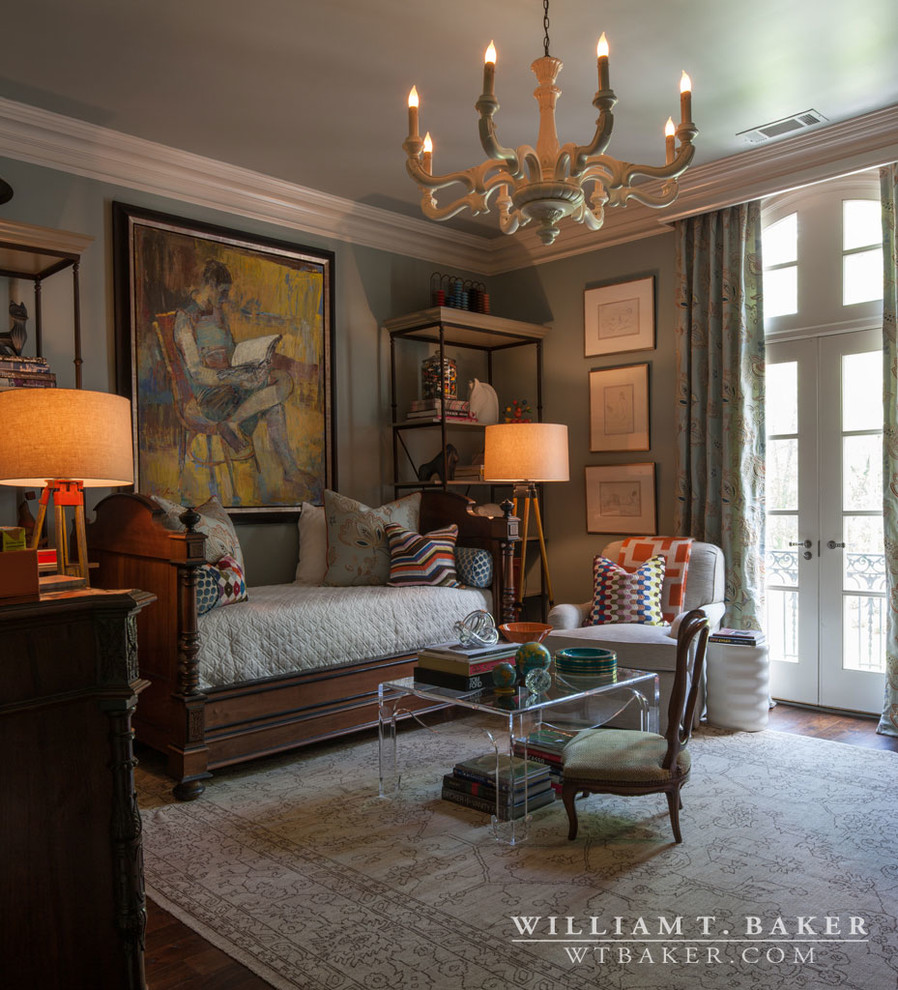 This is an example of a large eclectic guest bedroom in Atlanta with grey walls and dark hardwood floors.