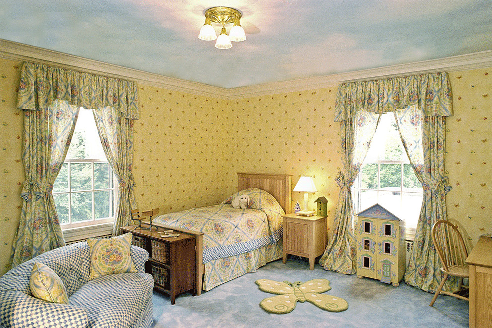 Large traditional kids' bedroom in Boston with yellow walls and carpet for kids 4-10 years old and girls.