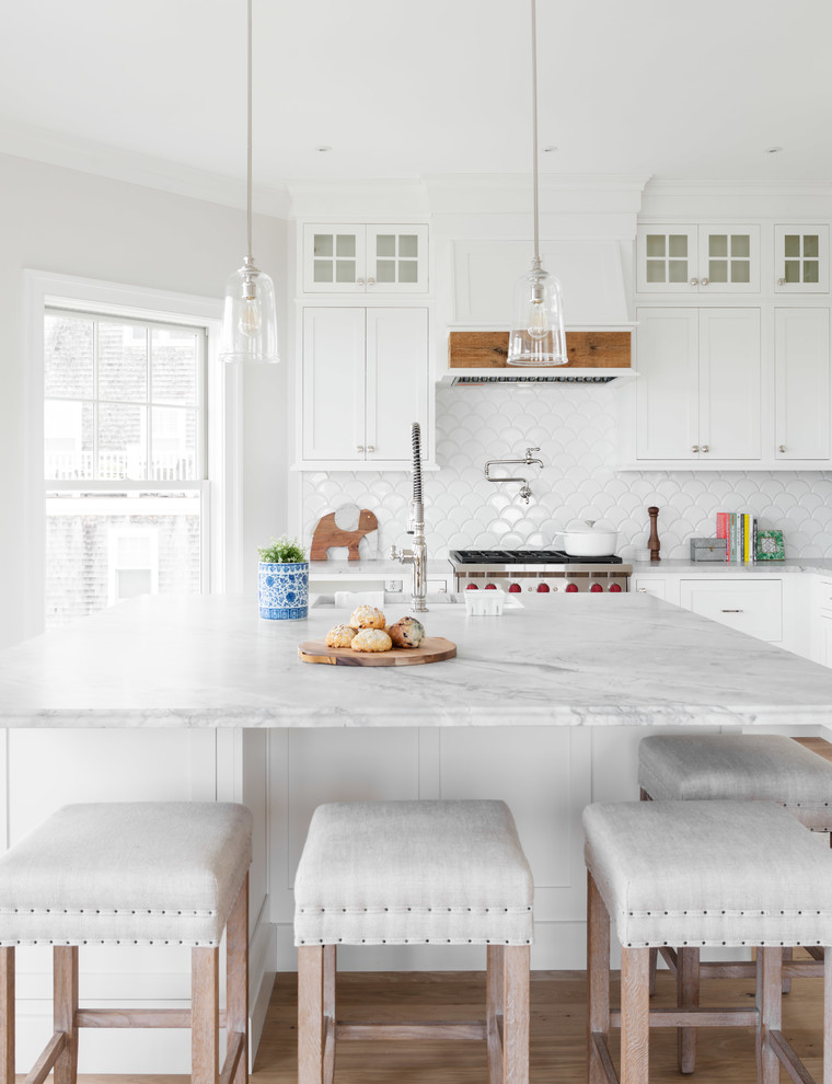 Inspiration for a large transitional l-shaped open concept kitchen remodel with beaded inset cabinets, quartzite countertops and an island