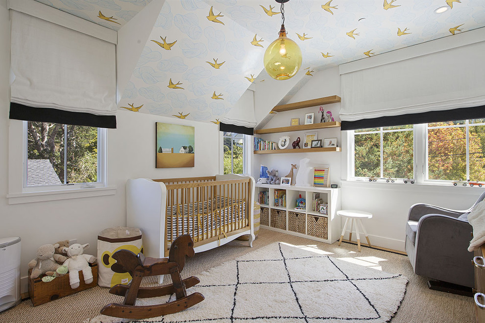 Photo of a country gender-neutral nursery in San Francisco with white walls, carpet and beige floor.