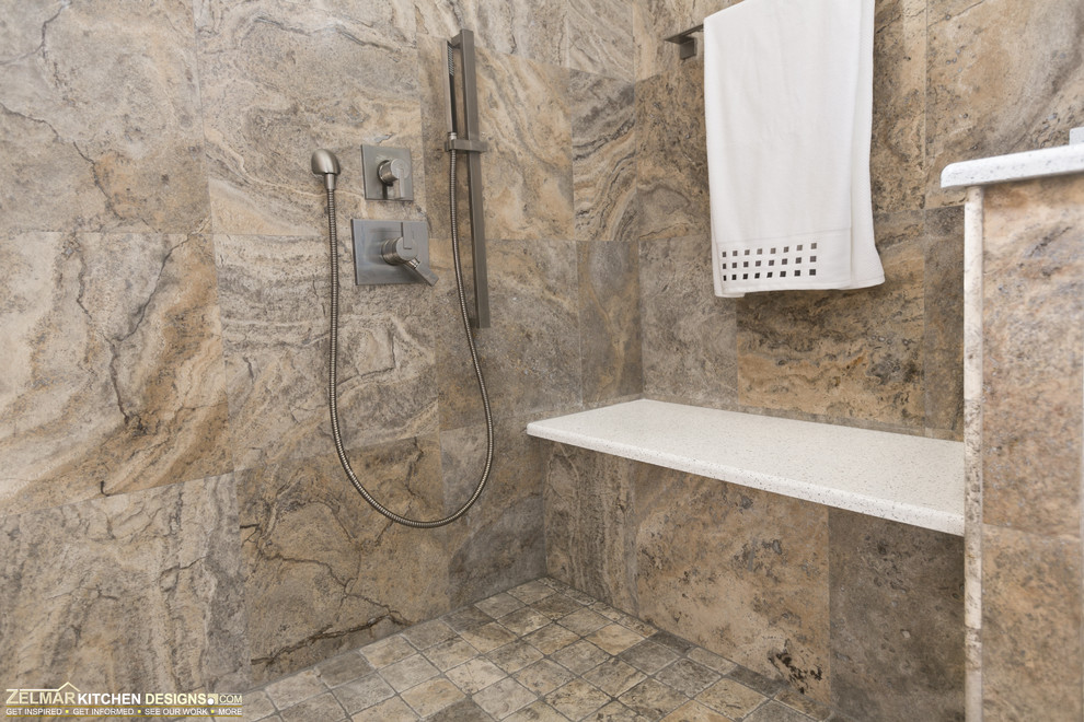 Design ideas for a mid-sized contemporary master bathroom in Orlando with shaker cabinets, white cabinets, engineered quartz benchtops, an open shower, gray tile, porcelain tile and porcelain floors.