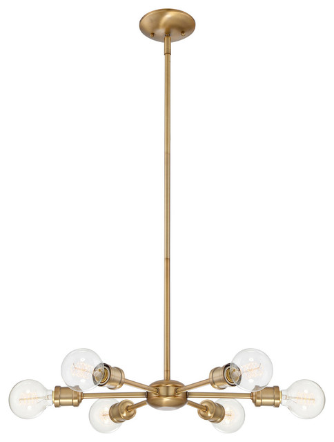Mid-Century Modern 6 Light Chandelier in Natural Brass