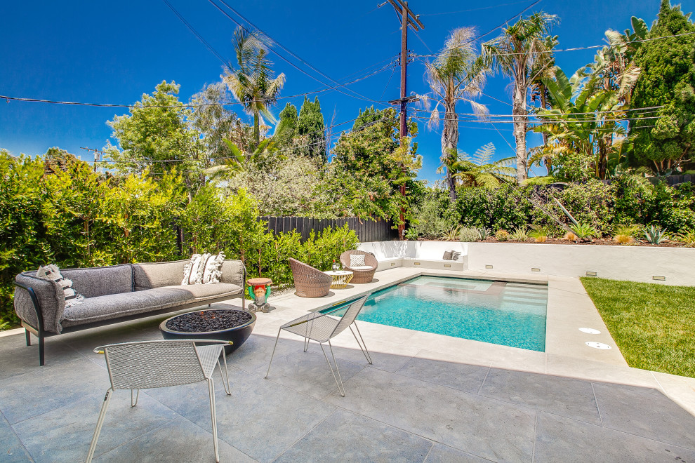 Großes Modernes Sportbecken hinter dem Haus mit Pool-Gartenbau in Los Angeles