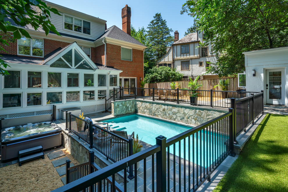Inspiration for a huge transitional backyard stone and rectangular pool landscaping remodel in DC Metro