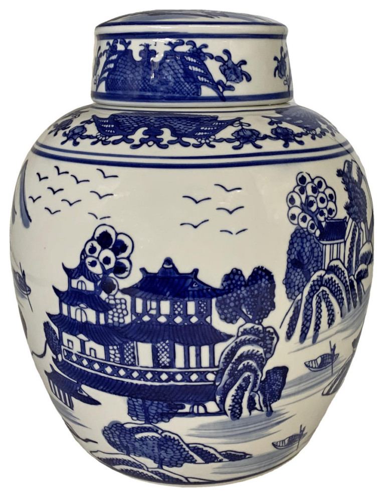 Chinese 9" Ginger Jar, Export Blue and White Porcelain Landscape