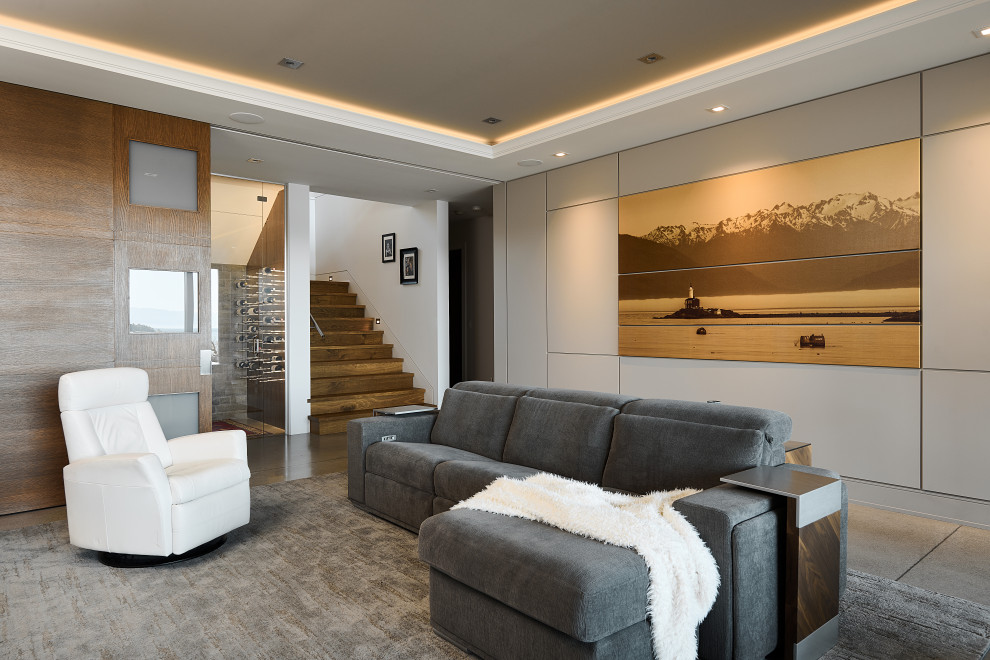 Design ideas for a coastal basement in Vancouver with a feature wall.