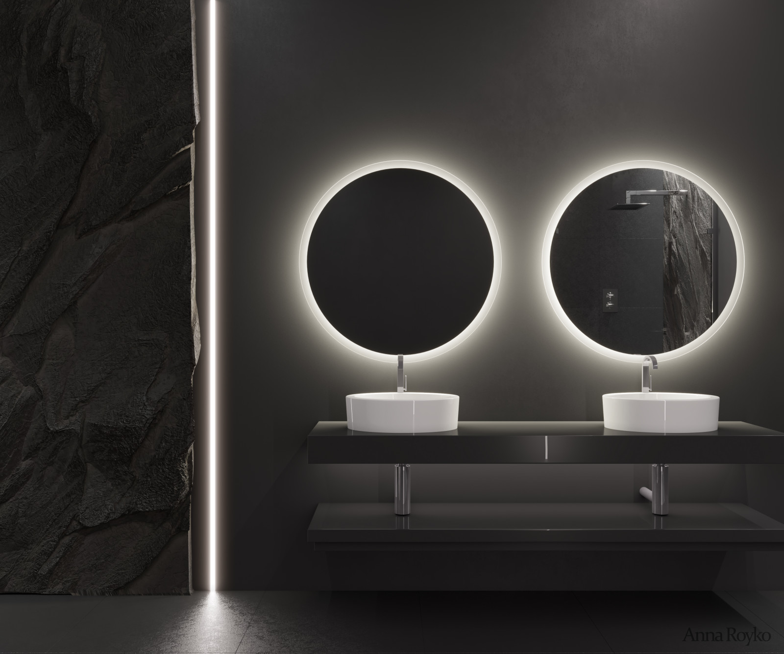 Цвет настроение черный. Визуализация ванной комнаты со скалой