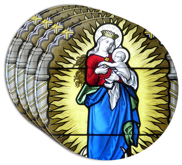 Stained Glass Virgin Mary And Jesus Madonna Acrylic Coaster, Set of 4