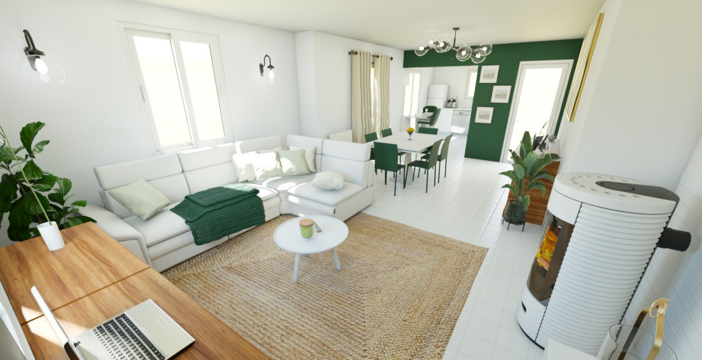 Exemple d'une grande salle de séjour chic ouverte avec un mur vert, un poêle à bois et un sol blanc.