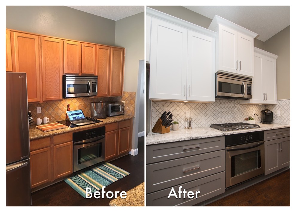 Kitchen | Two-Tone Cabinets | Cambria Quartz | Arabesque Marble Backsplash